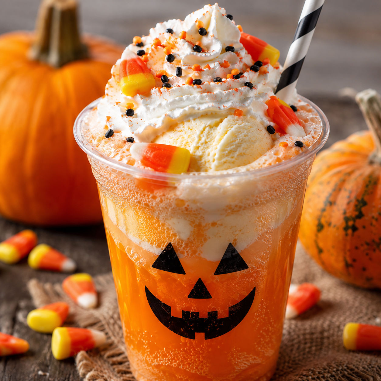 Pumpkin orange soda floats with whipped cream, sprinkles, and candy corn