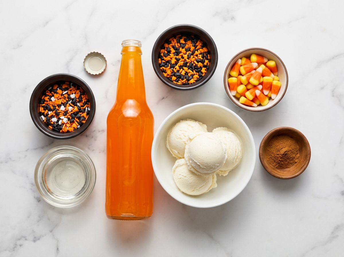 Ingredients for pumpkin orange soda floats with ice cream and fall toppings