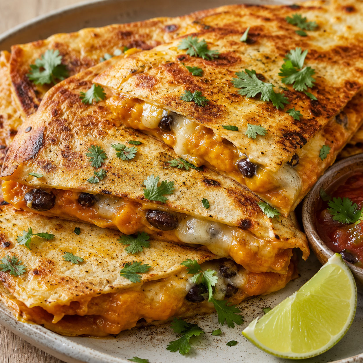 Pumpkin quesadilla wedges with melted cheese, black beans, cilantro, and lime