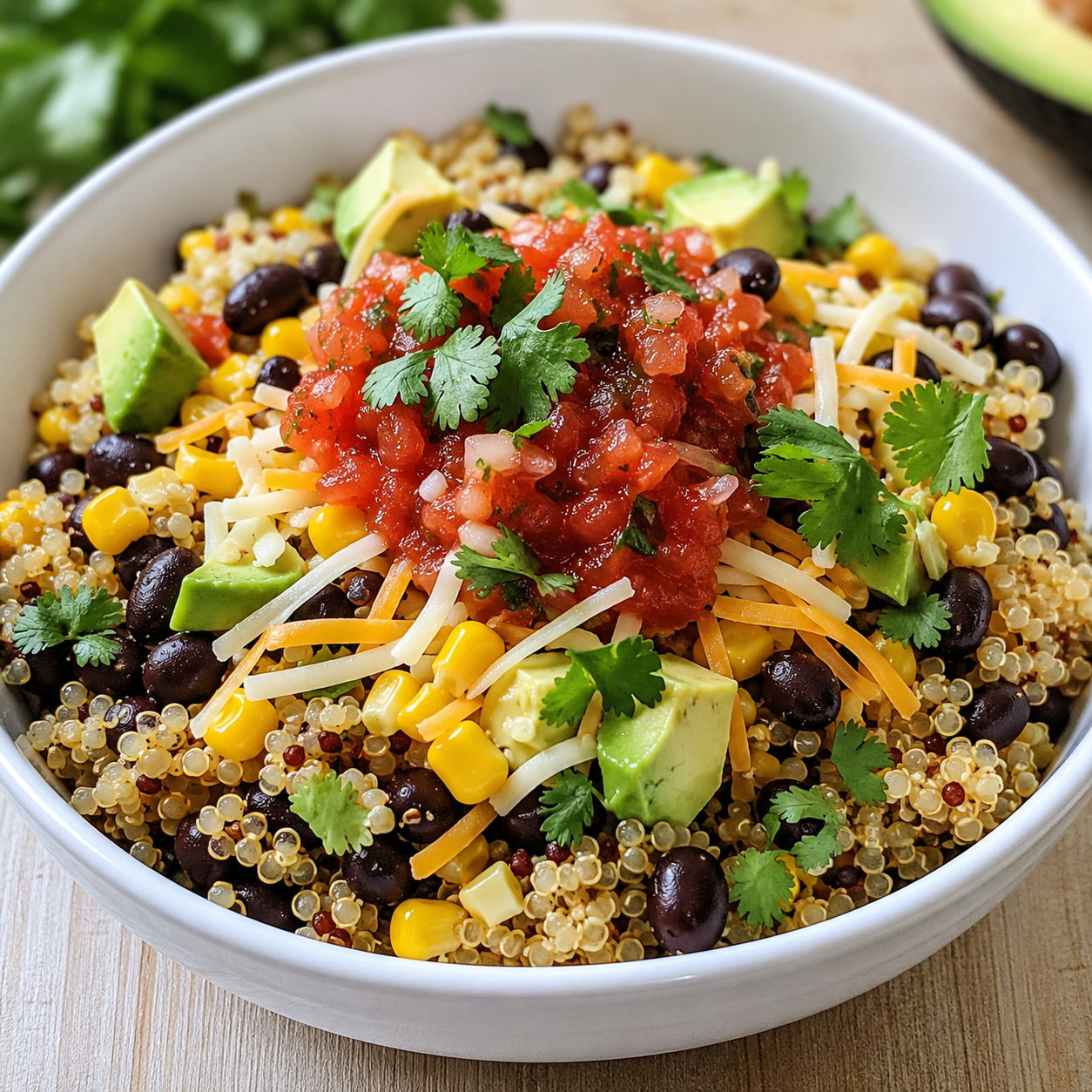 Quinoa taco bowl with black beans avocado cheese and salsa