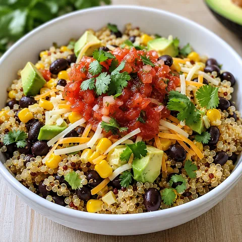 Quinoa taco bowl with black beans avocado cheese and salsa