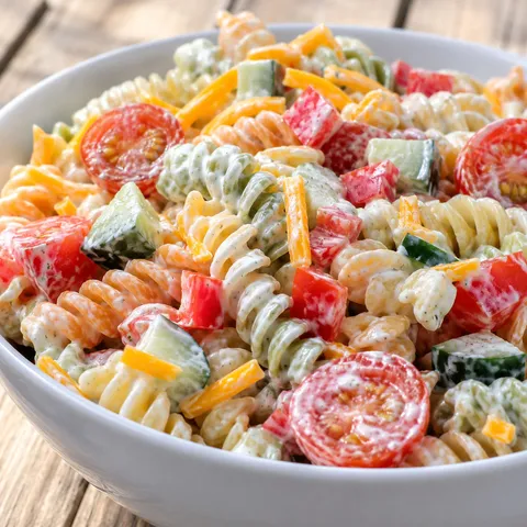 Creamy ranch pasta salad with rotini, bell peppers, cucumber, and cheddar in a white bowl