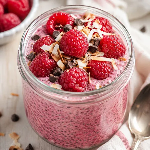 Raspberry chia pudding with fresh berries and chocolate chips in a glass jar
