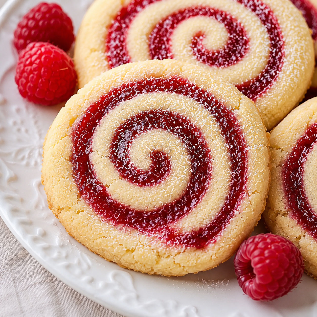 Raspberry swirl cookies with powdered sugar and fresh raspberries