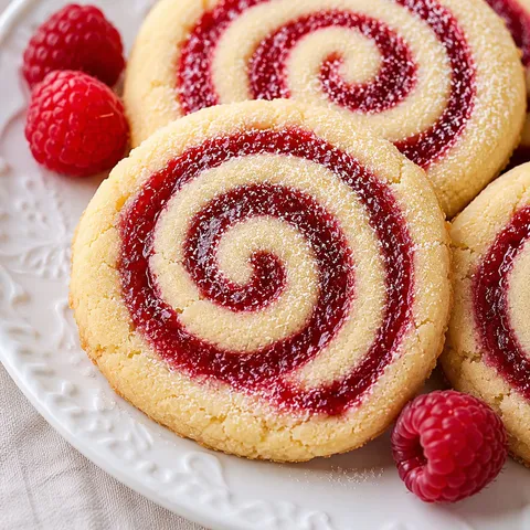 Raspberry swirl cookies with powdered sugar and fresh raspberries