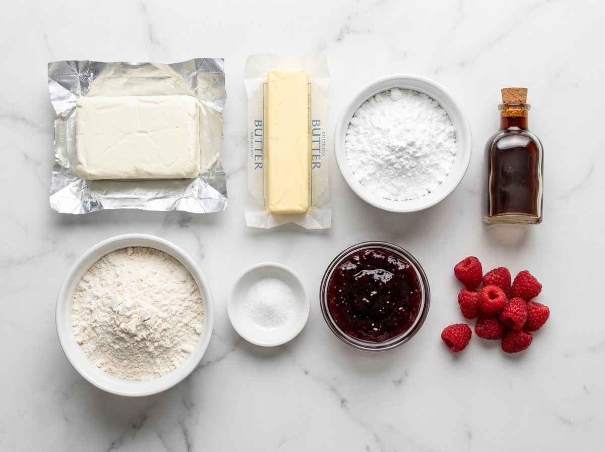 Cream cheese, raspberry jam, butter, flour, and sugar for swirl cookies