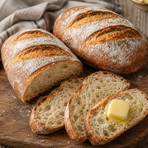 Rustic homemade bread loaves with sliced soft crumb and golden crust