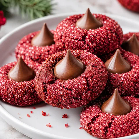 Red velvet blossom cookies with chocolate kisses on a white plate