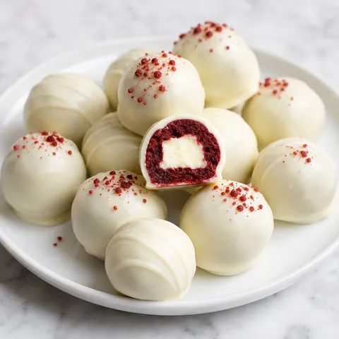 Red velvet cheesecake bites coated in white chocolate with red sprinkles on a white plate