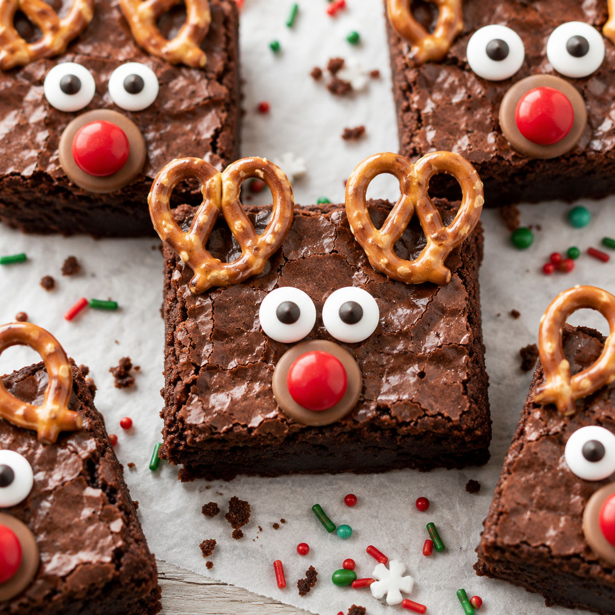 Reindeer brownies with pretzel antlers, candy eyes, and red noses