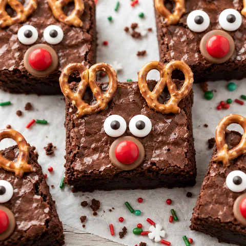 Reindeer brownies with pretzel antlers, candy eyes, and red noses