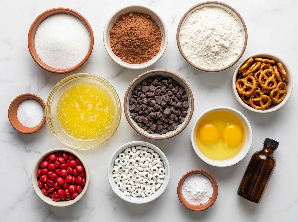Brownie ingredients with pretzels, candy eyes, and red candies