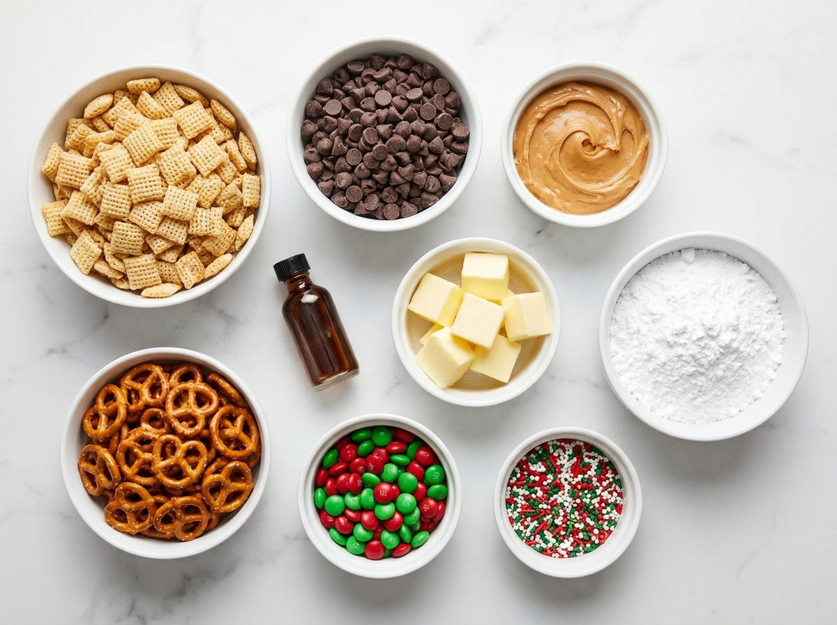 Ingredients for reindeer chow with Chex, chocolate, pretzels, and candies