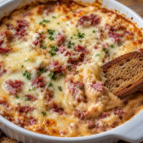 Hot baked Reuben dip in a white dish with rye toast