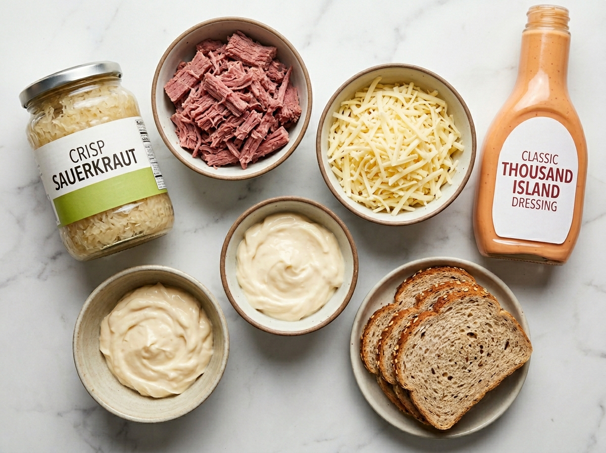 Raw ingredients for Reuben dip on a wooden board
