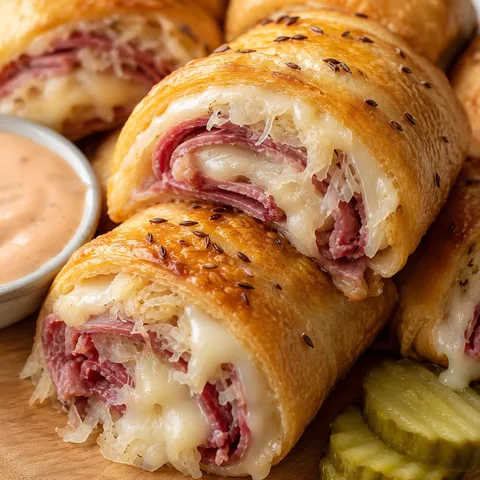 Golden Reuben roll ups with corned beef, Swiss cheese, and dipping sauce