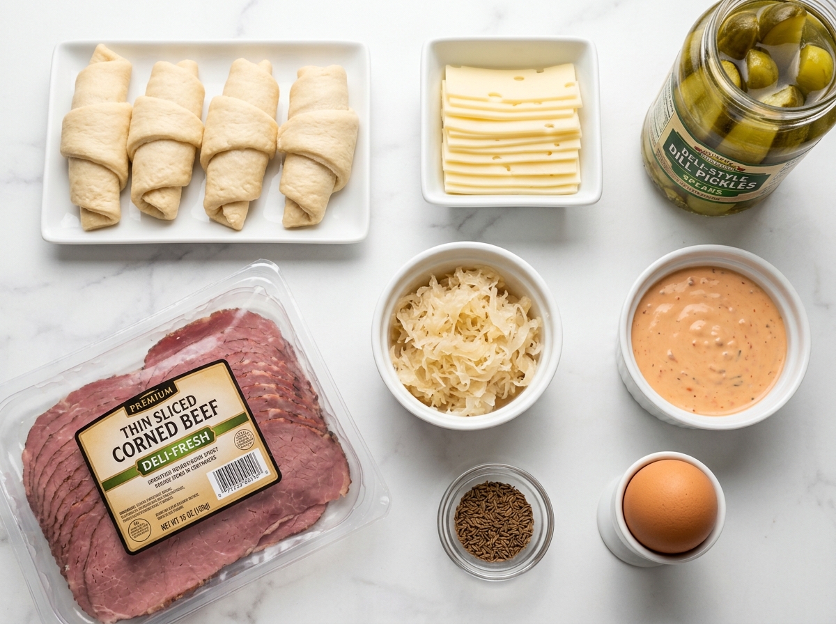 Ingredients for Reuben roll ups with crescent dough, corned beef, and Swiss