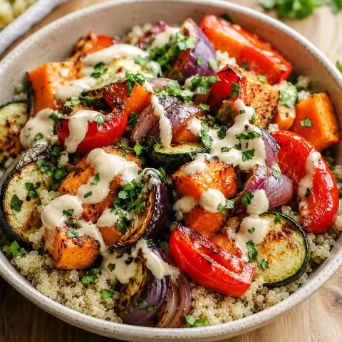 Roasted vegetable quinoa bowl with tahini drizzle and fresh herbs