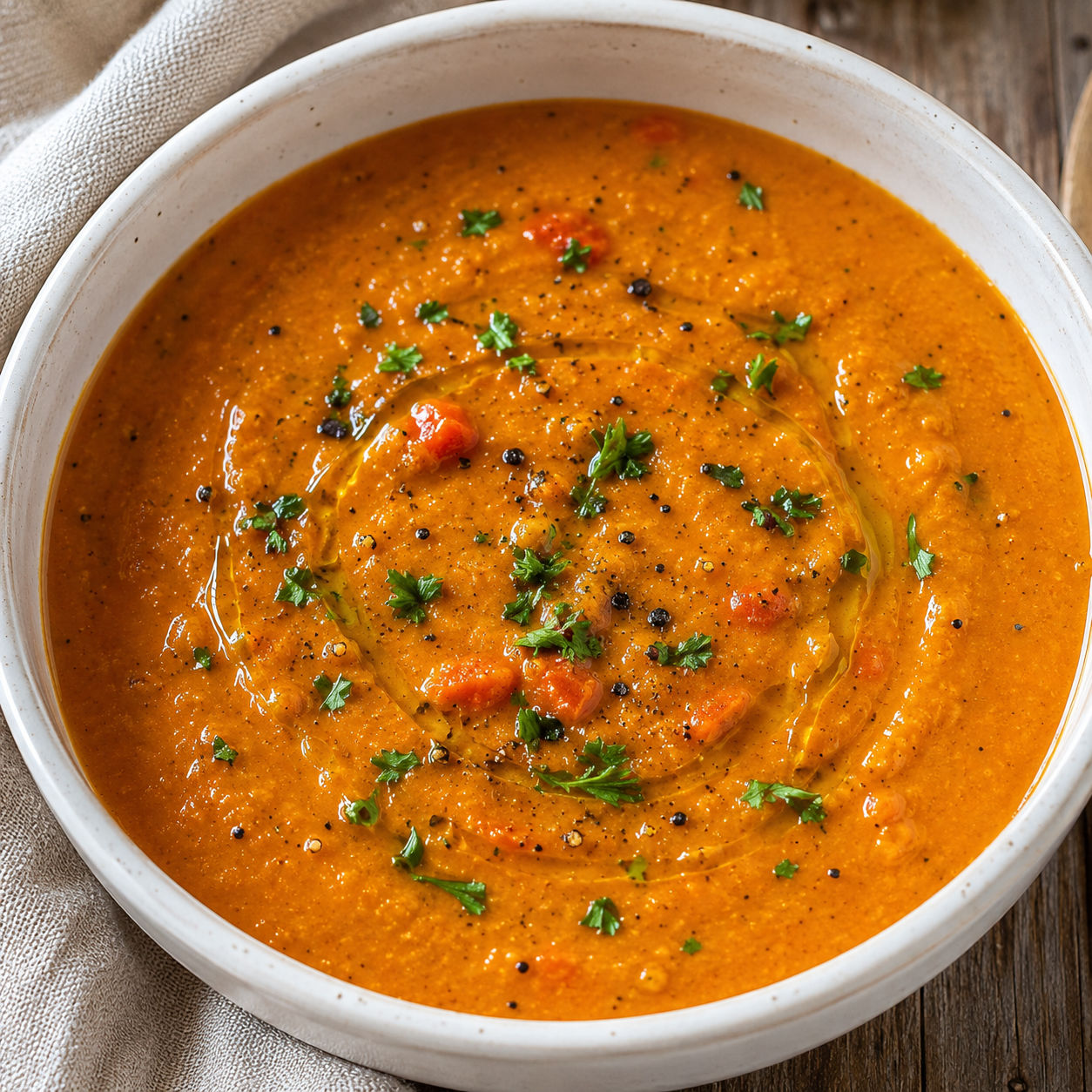 Roasted vegetable soup with parsley and olive oil in a ceramic bowl