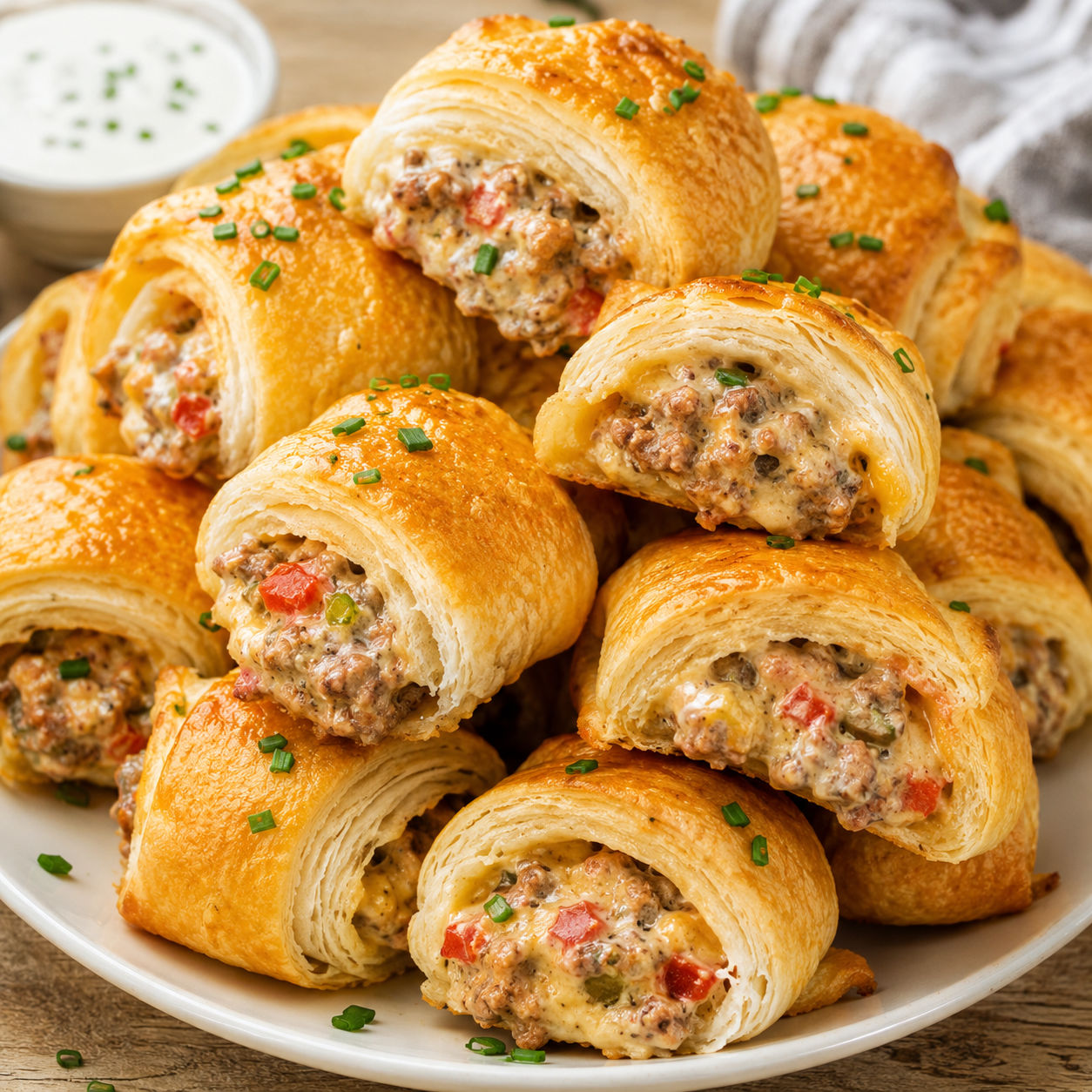 Golden Rotel sausage cream cheese crescents with chives on a platter