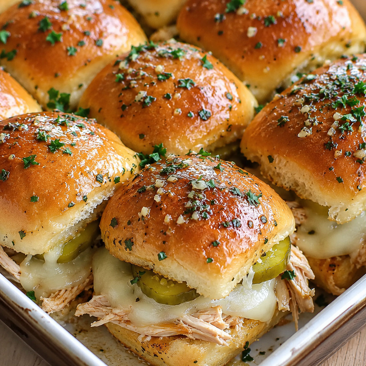 Garlic herb butter rotisserie chicken sliders with melted cheese