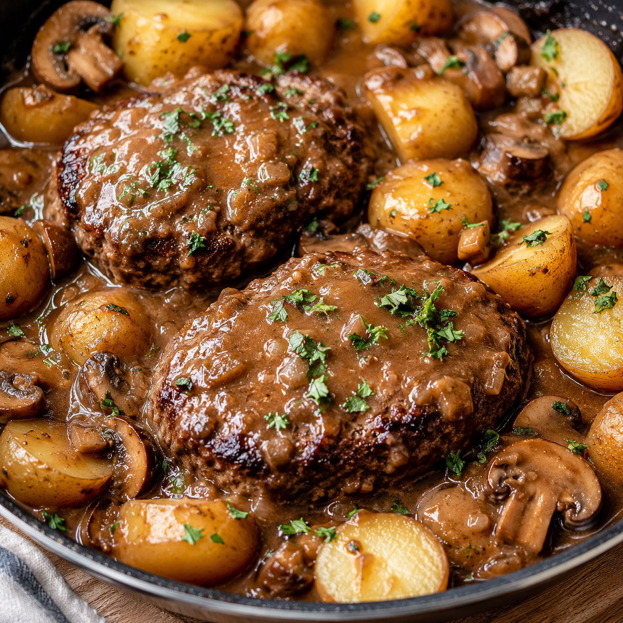Salisbury steak patties with potatoes and mushrooms in brown gravy in a skillet