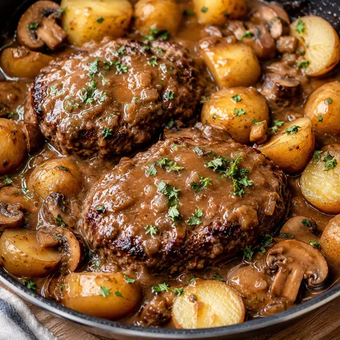 Salisbury steak patties with potatoes and mushrooms in brown gravy in a skillet
