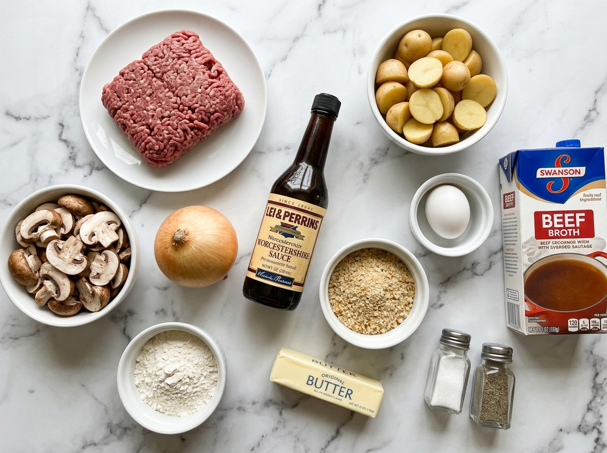 Raw ingredients for Salisbury steak and potato skillet on a wooden board