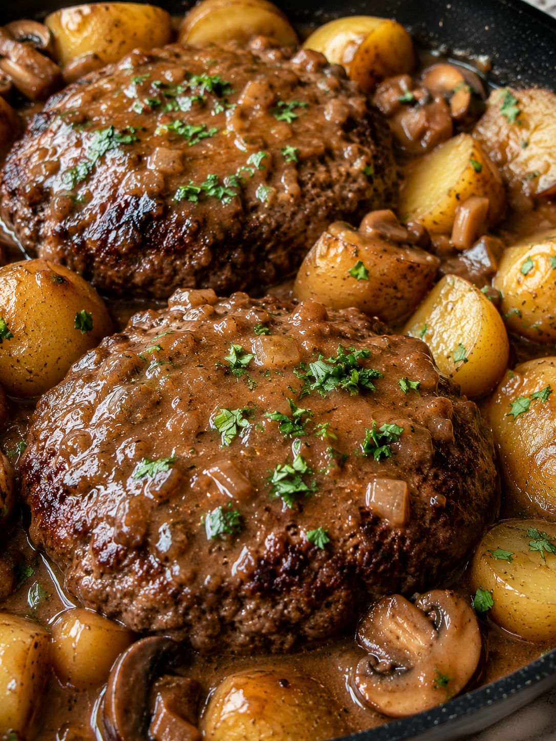 Easy Salisbury Steak and Potato Skillet, plated and served