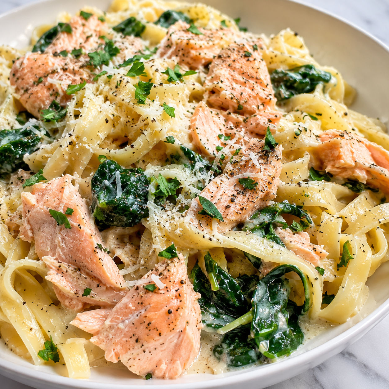 Salmon spinach pasta with lemon cream sauce and Parmesan in a white bowl