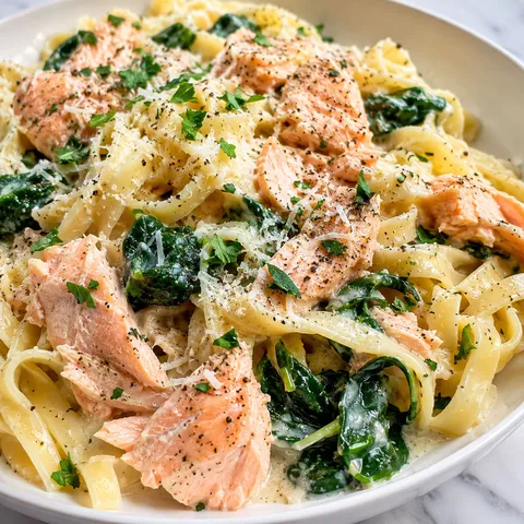Salmon spinach pasta with lemon cream sauce and Parmesan in a white bowl