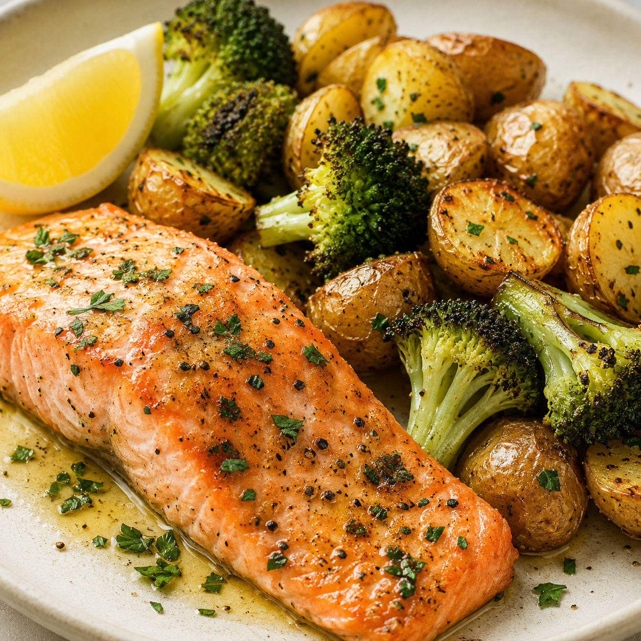 Salmon with roasted broccoli and potatoes, lemon, parsley, and melted butter