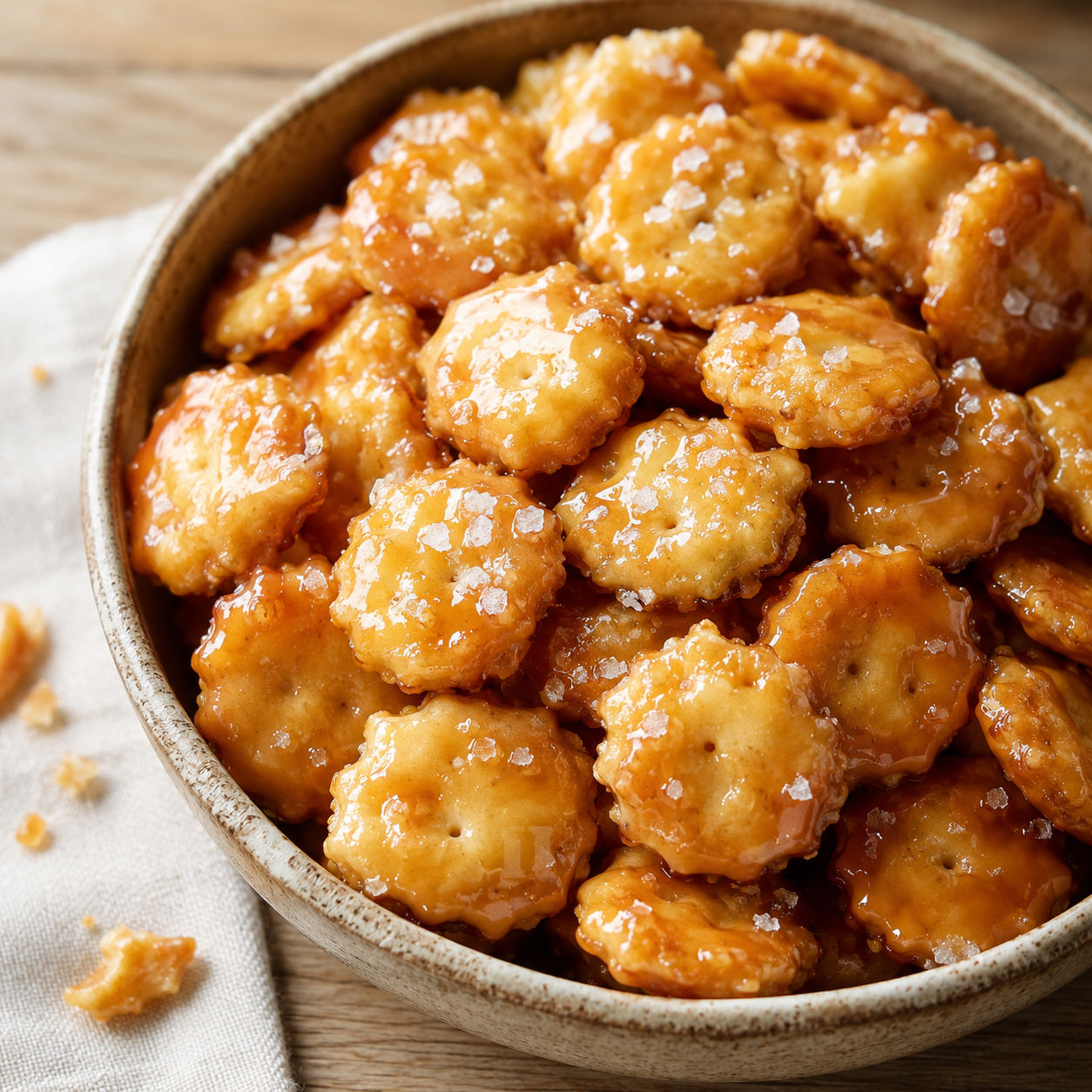 Salted caramel oyster cracker bites in a rustic bowl with flaky sea salt