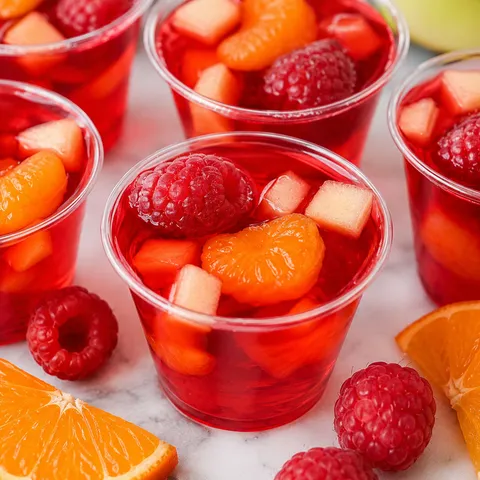Ruby sangria jello shots with orange, raspberry, and apple pieces