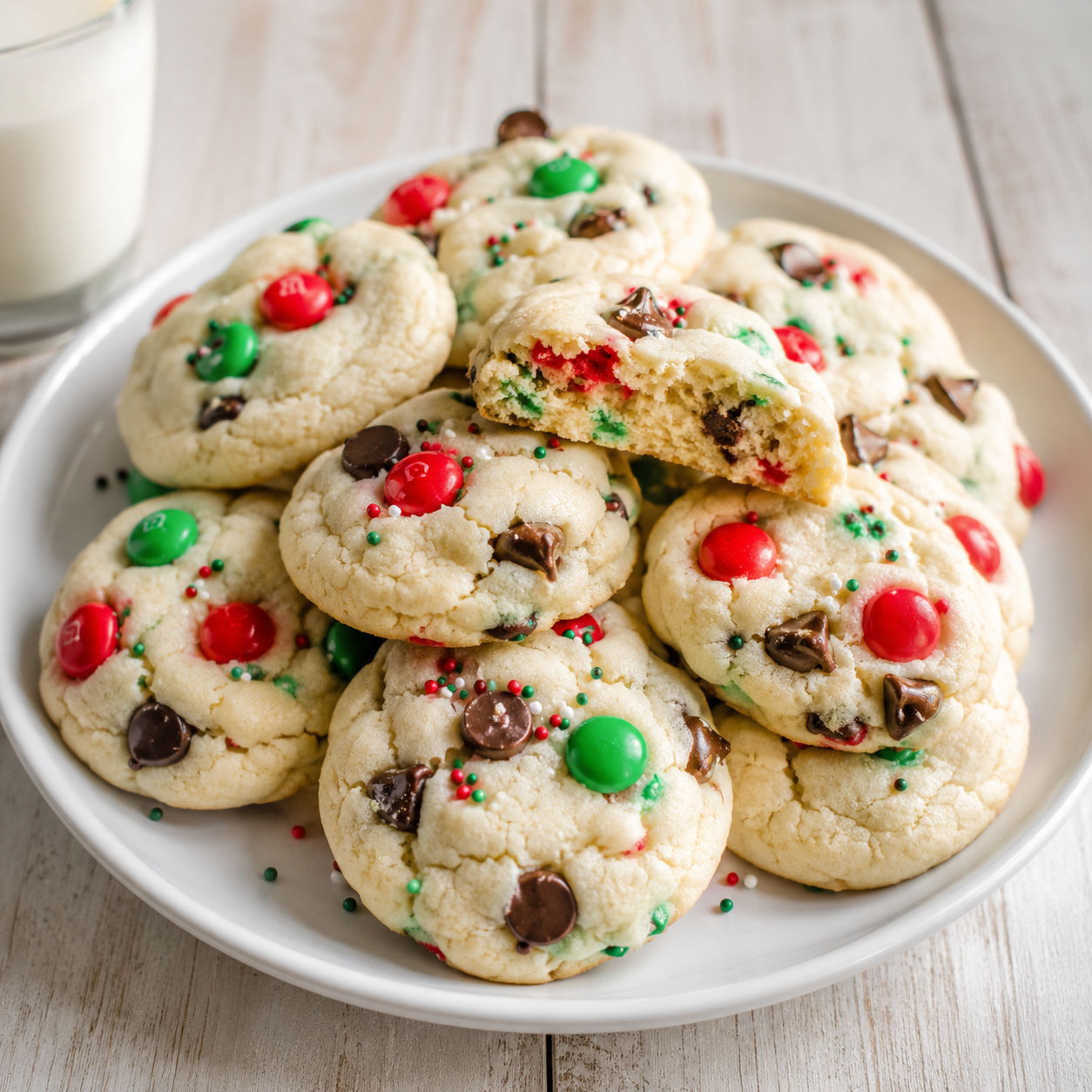 Santa cake mix cookies with red and green candies on a white plate