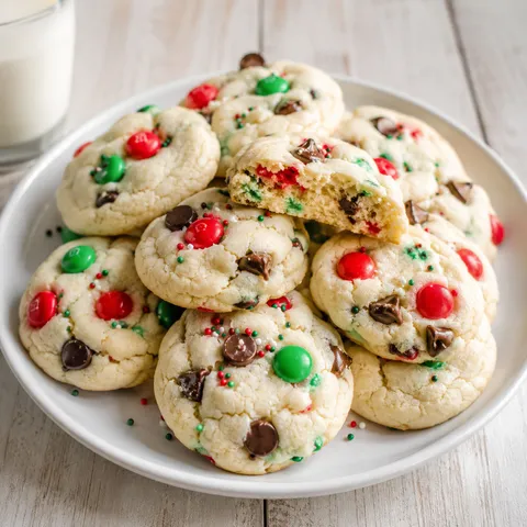 Santa cake mix cookies with red and green candies on a white plate
