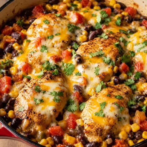 Santa Fe chicken skillet with melted cheese, beans, corn, and cilantro