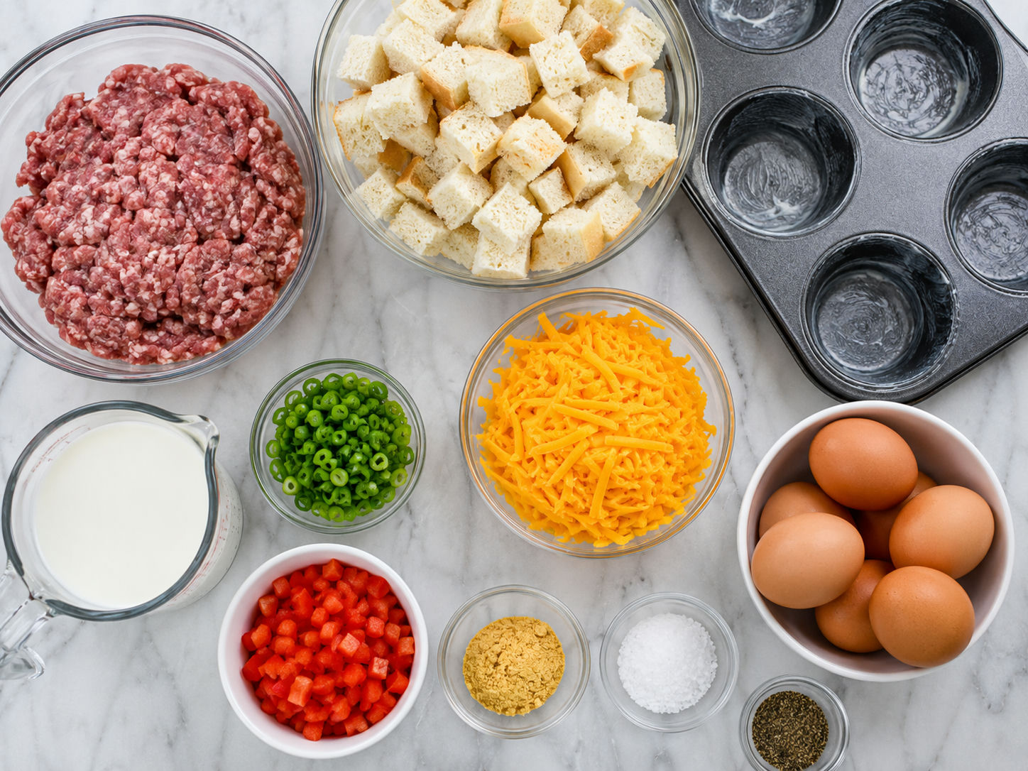 Ingredients for sausage breakfast muffins beside a muffin tin