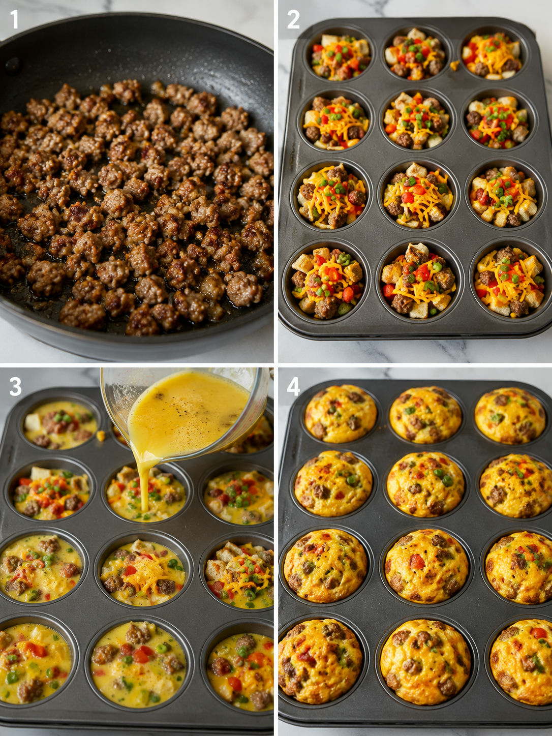 Four steps for making sausage breakfast muffins in a muffin tin