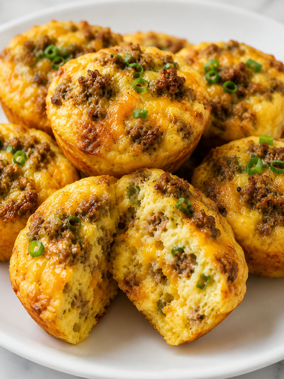 Golden sausage breakfast muffins split open with cheddar and green onions