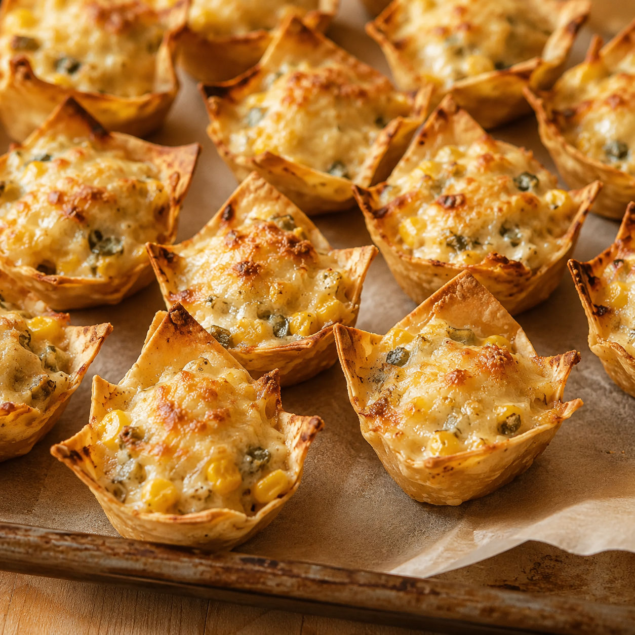 Baked Iowa party bites with melted cheese and corn in crispy tortilla scoops