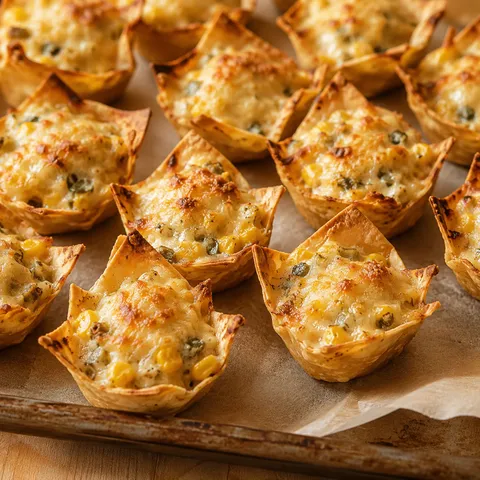 Baked Iowa party bites with melted cheese and corn in crispy tortilla scoops