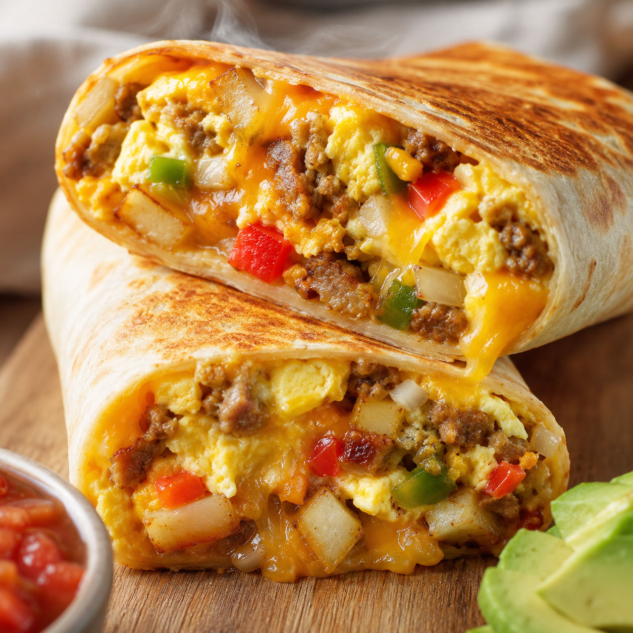 Toasted breakfast burrito halves with egg, sausage, potatoes, peppers, and cheddar