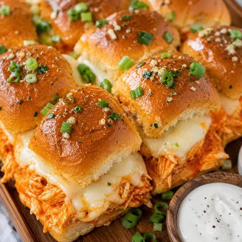Buffalo chicken sliders with melted cheese and green onions on soft rolls