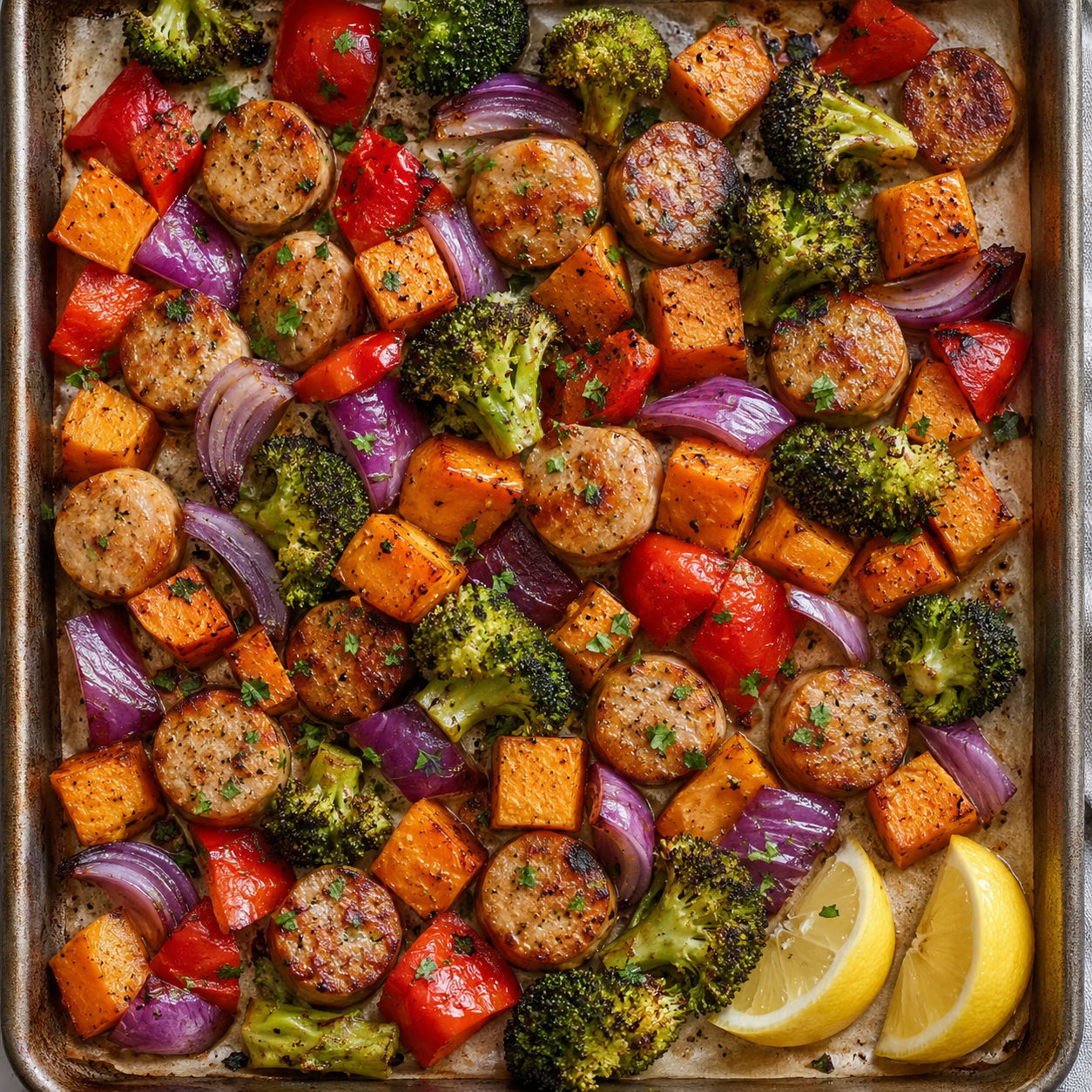 Sheet pan chicken sausage with roasted broccoli, peppers, onion, and sweet potato