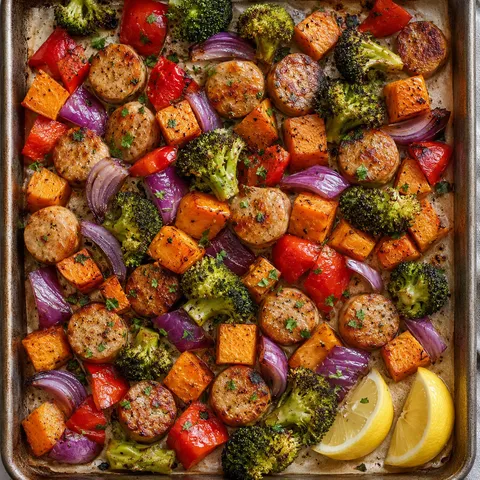 Sheet pan chicken sausage with roasted broccoli, peppers, onion, and sweet potato