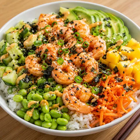 Shrimp poke bowl with avocado, mango, edamame, and spicy mayo