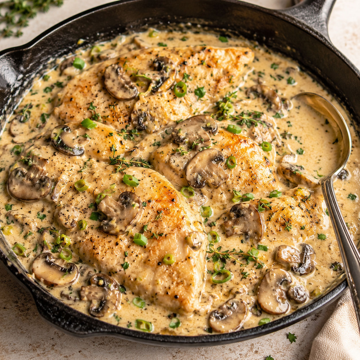 Asiago chicken and mushrooms in creamy sauce with herbs in a skillet