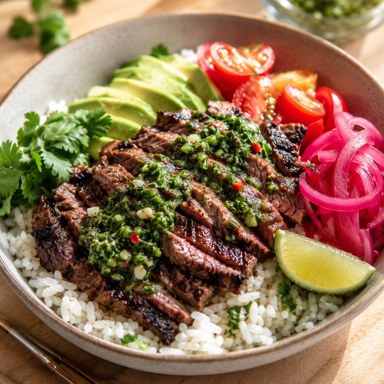 Skirt steak rice bowl with chimichurri, avocado, tomatoes, and pickled onions