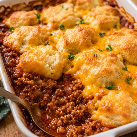 Sloppy joe casserole with cheddar and golden biscuits in a baking dish